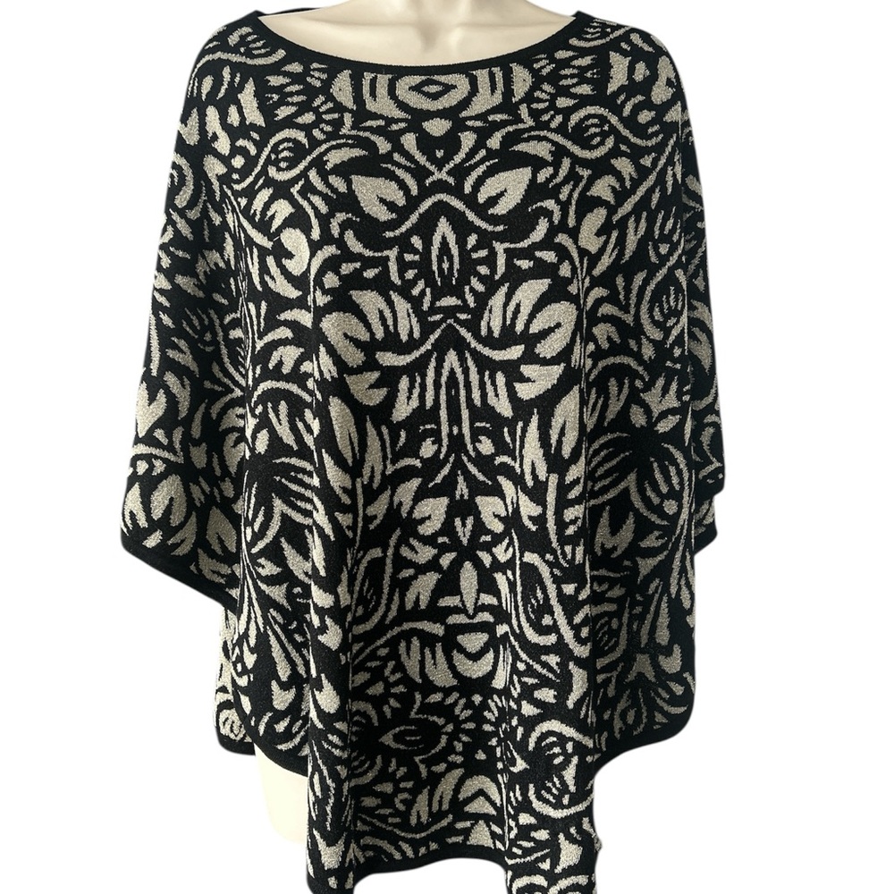 Chico's Elegant Black and Cream Patterned Poncho